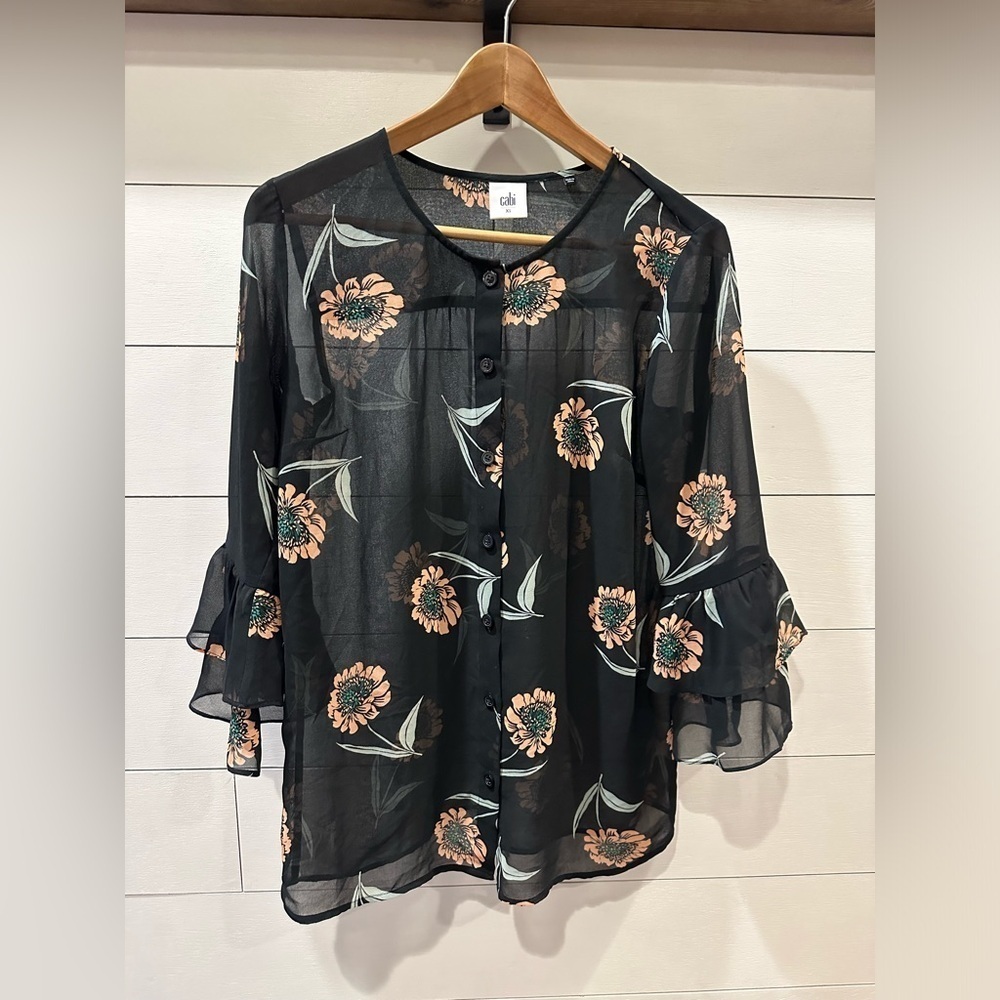 CAbi Chic Black Floral Sheer Blouse- size XS
